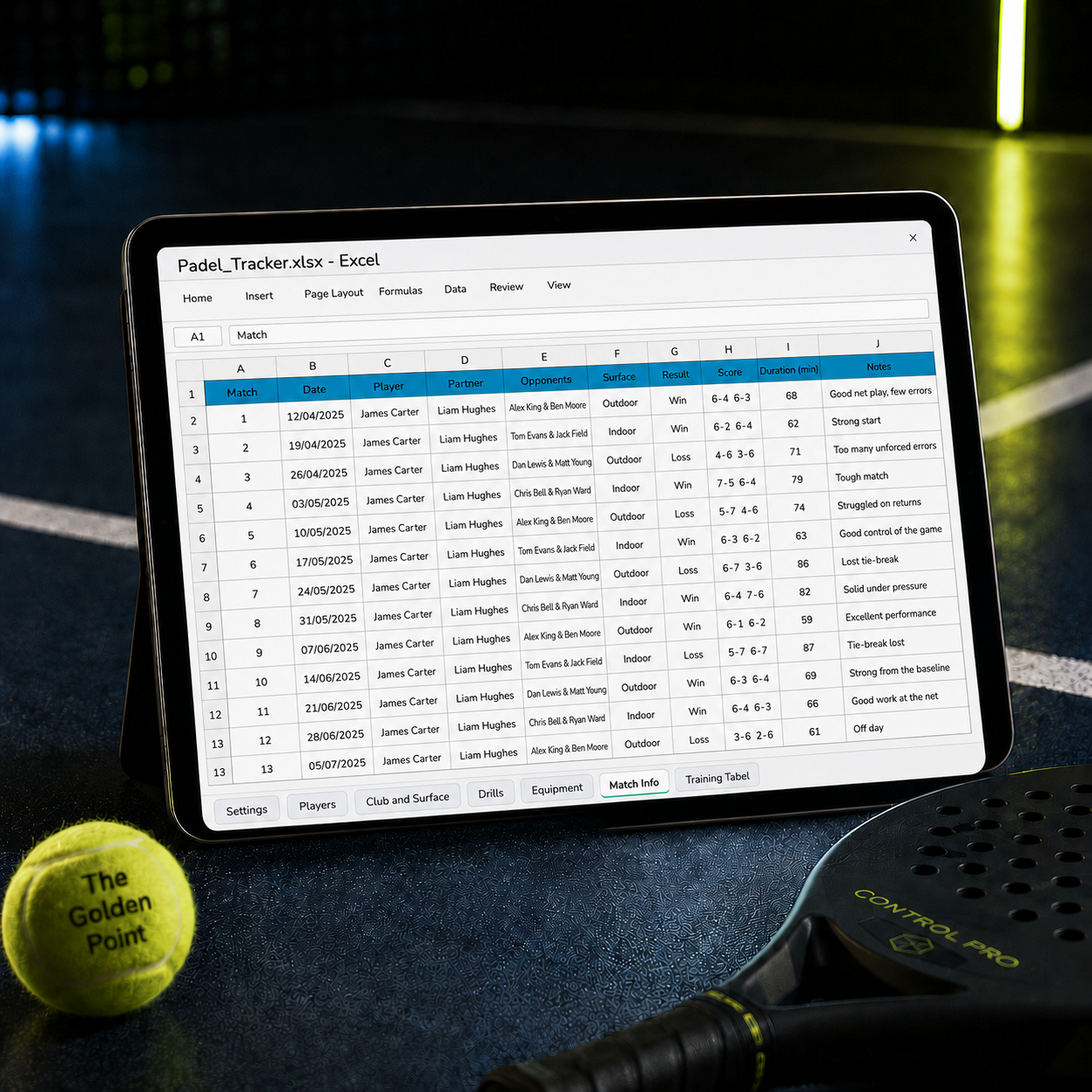 Padel Tracker — Match & Training Spreadsheet